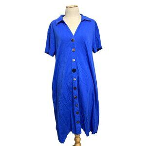Soft Surroundings Women's XL Blue Button-Up Short Sleeve Shirt Dress 100% Cotton